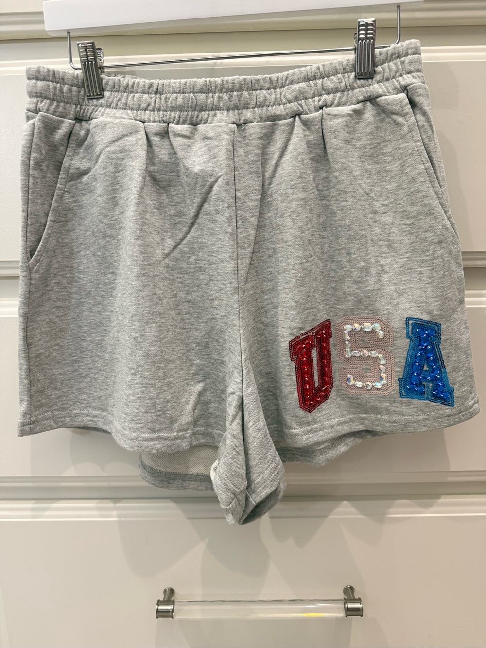 QUEEN OF SPARKLES NWOT Gray Sequin USA Athletic Shorts